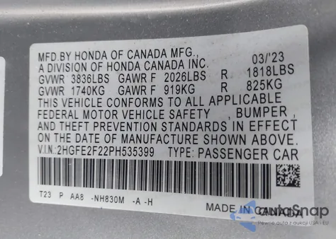 2023 Honda Civic Lx z USA, uszkodzony, nr VIN 2HGFE2F22PH535399